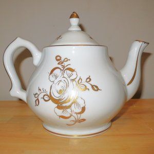 Vintage Birks Teapot 4 Cup Gold Roses White Porcelain Made in France